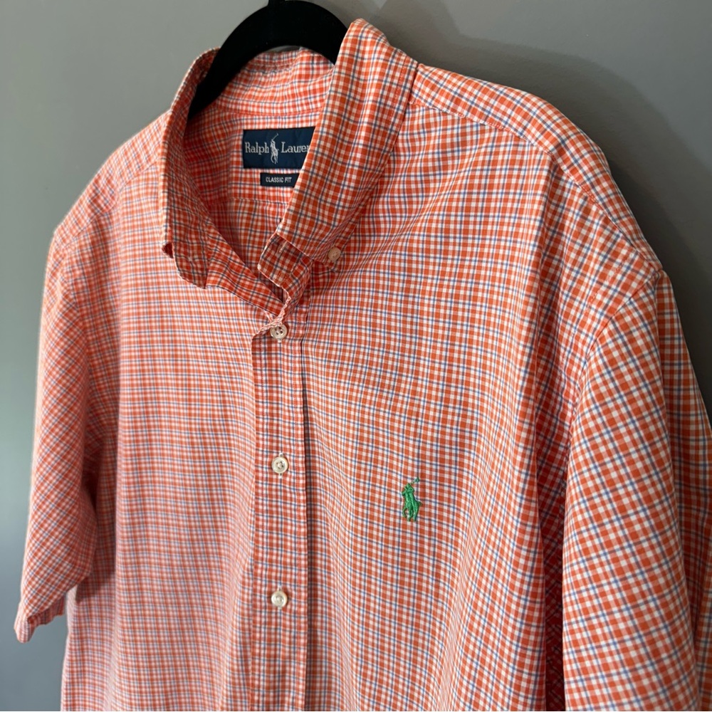 Ralph‎ Lauren Orange Plaid Short Sleeve Button Down Shirt, Men’s XL, EUC